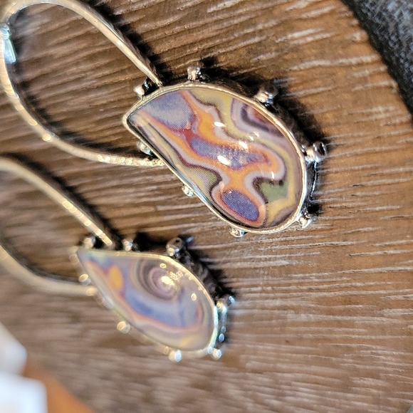 Rainbow Agate Style Teardrop Dangle Earrings, Silver - Picture 4 of 6